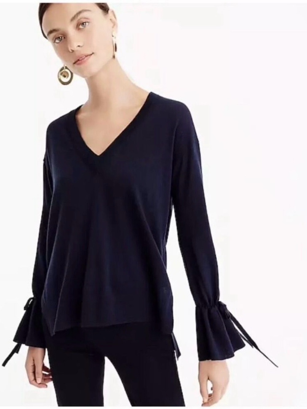 J. Crew Navy V-Neck Tie-Sleeve Sweater size S - Picture 1 of 10